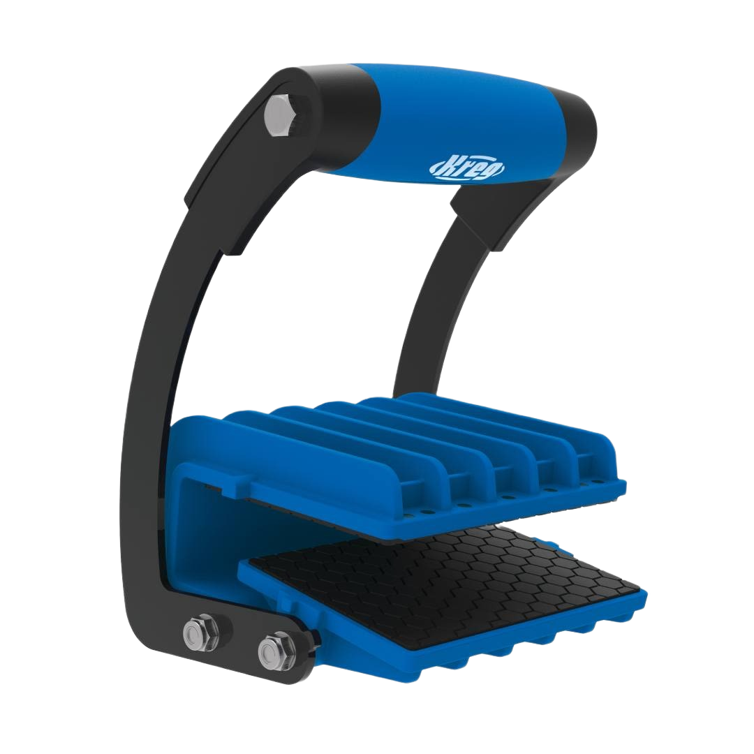 Blue and black ergonomic clamp panel carrier tool for lifting large sheets in woodworking and home improvement collections