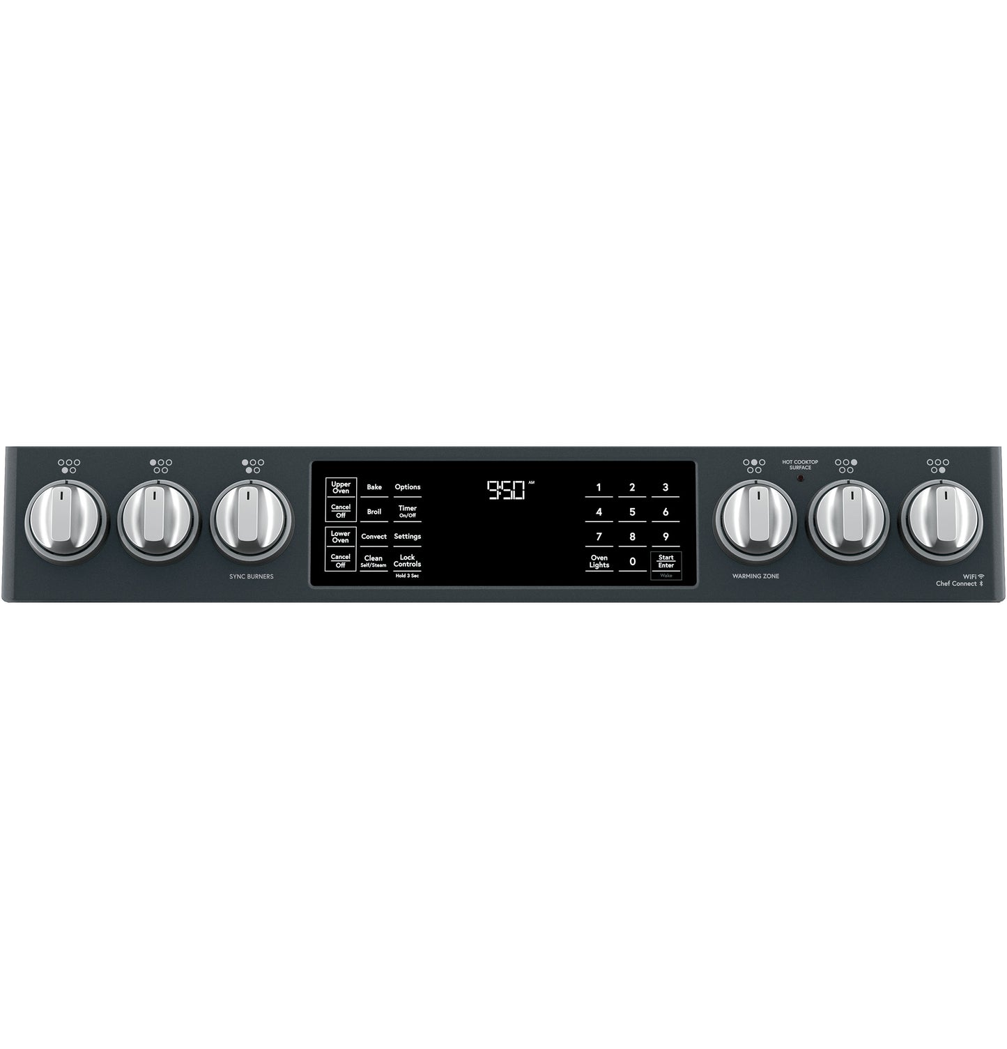 Control panel of black slide-in double-oven range with silver knobs and digital touch display from kitchen appliances collection