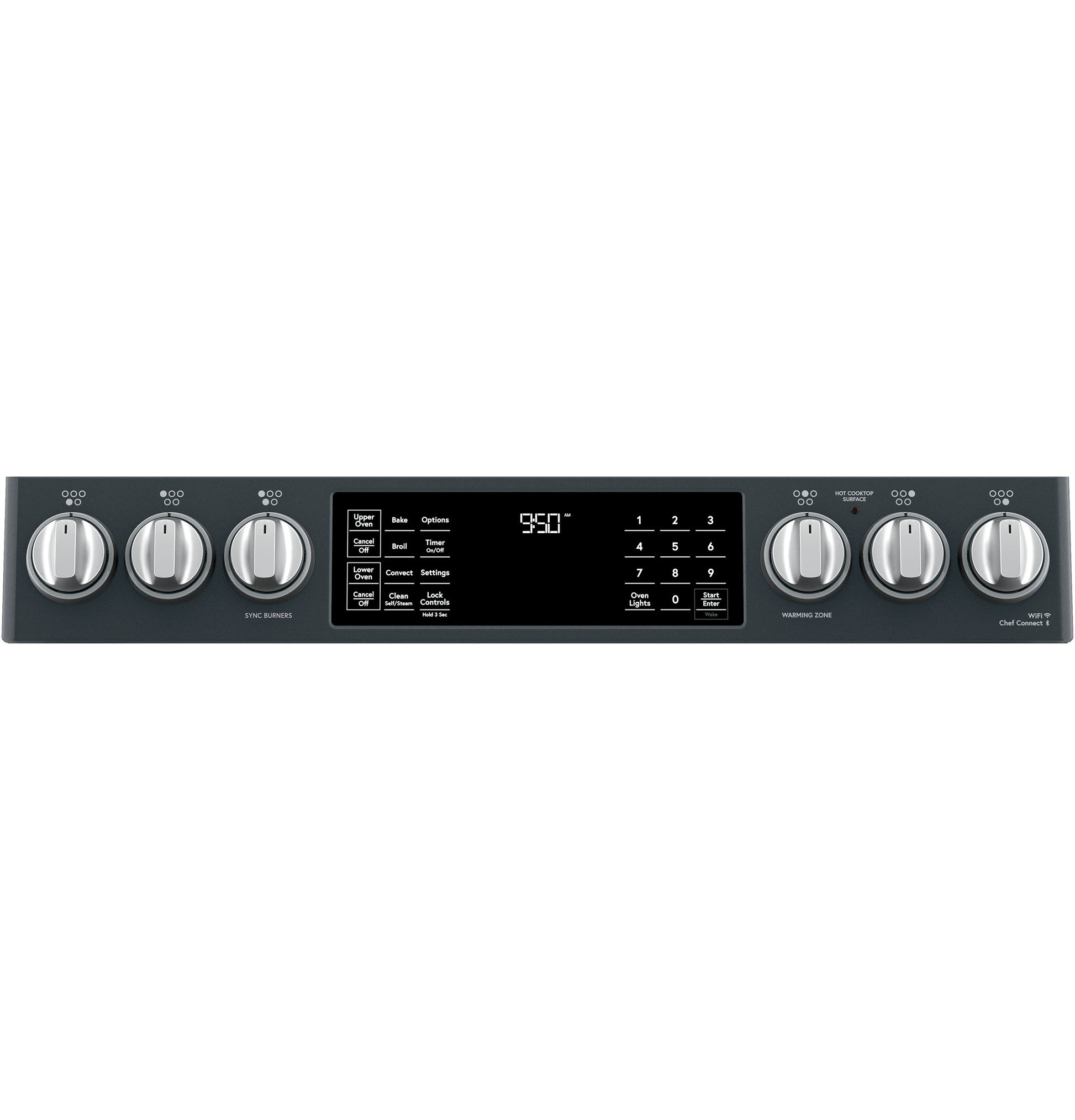 Control panel of black slide-in double-oven range with silver knobs and digital touch display from kitchen appliances collection