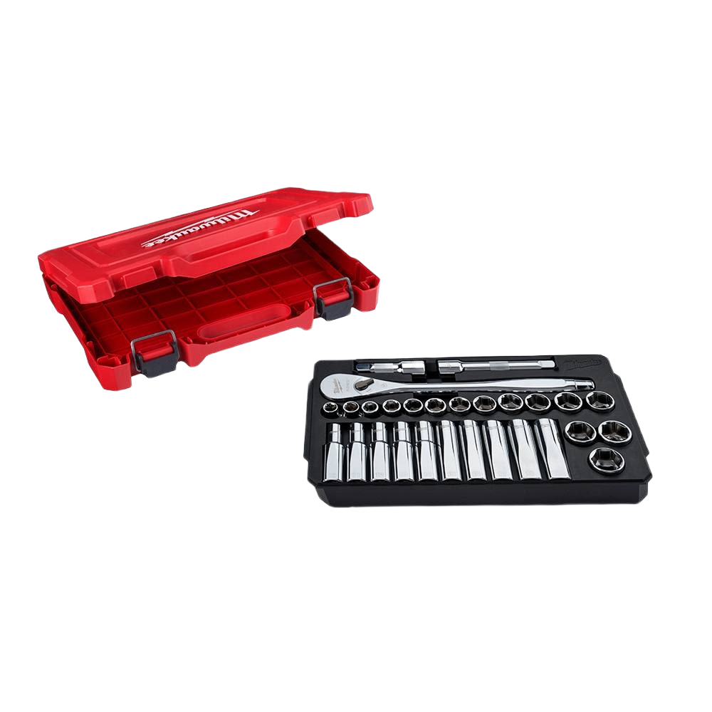 Red Milwaukee storage case with organized metric sockets and 1/2-inch drive ratchet for hand and woodworking tools collections