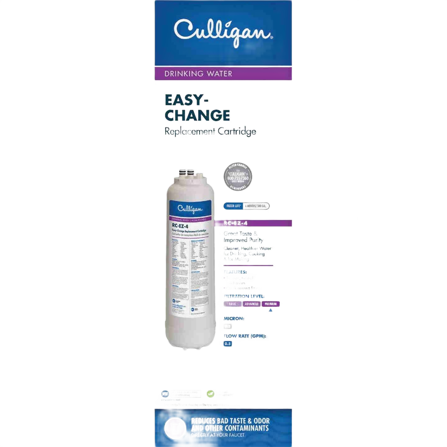 White cylindrical water filter cartridge with blue label for easy replacement in home water systems