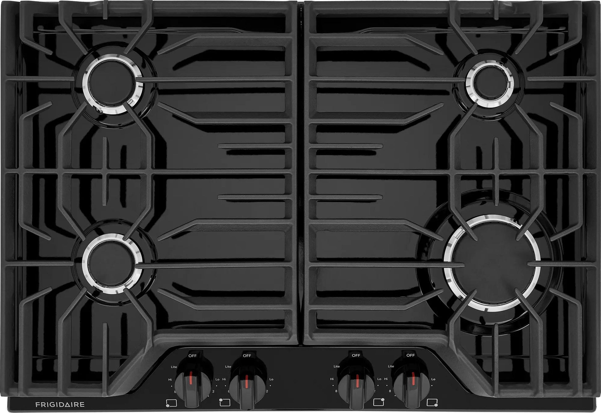 Black gas cooktop with four burners, edge-to-edge continuous grates, and front control knobs for kitchen appliance collections