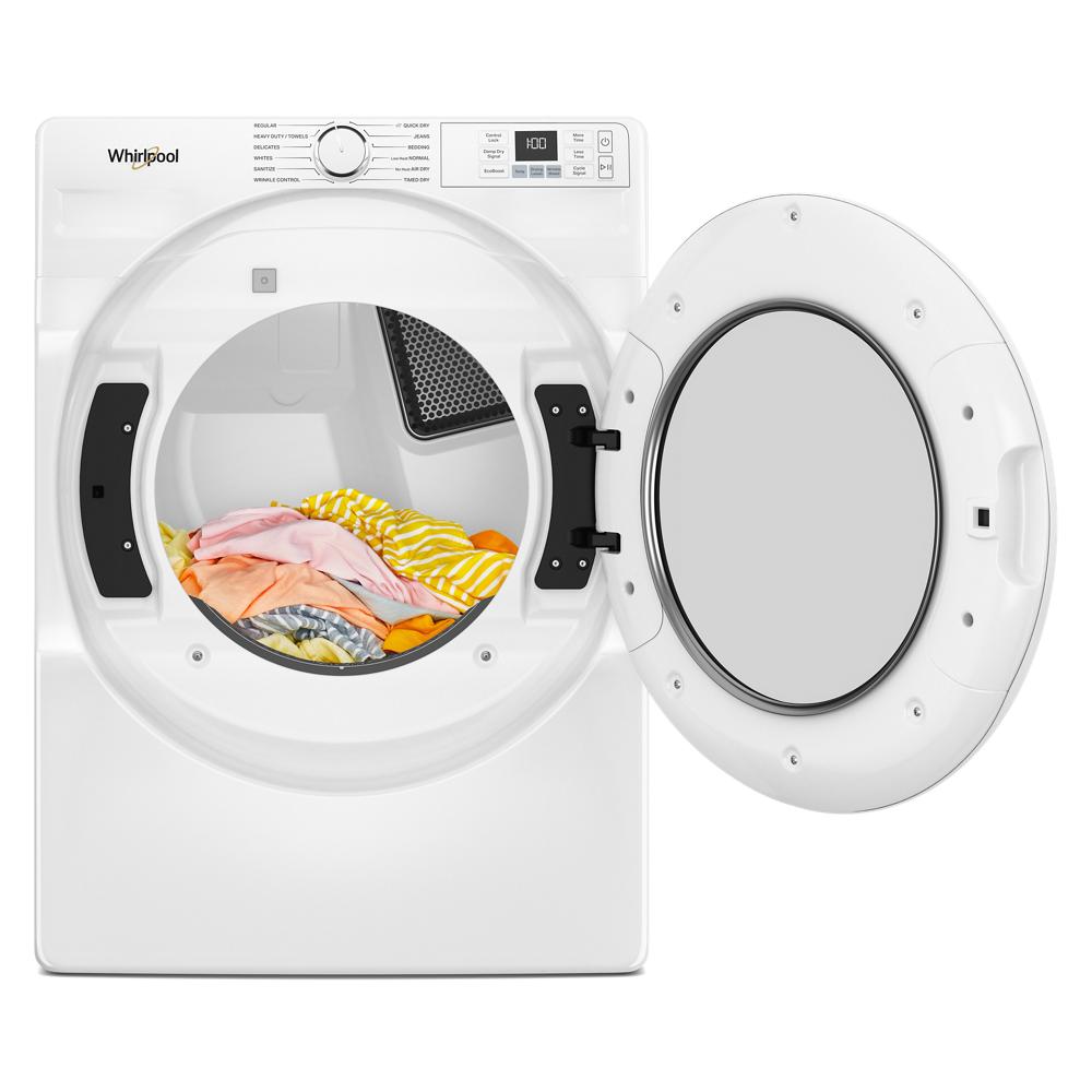 White front load gas dryer with open door and colorful clothes inside from Dryers and Appliances collection
