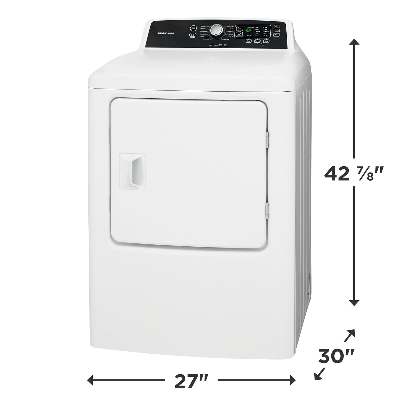 Front view of white 6.7 Cu. Ft. free standing gas dryer with control panel and measurements in appliance setting