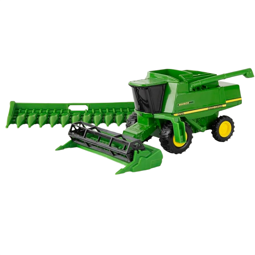 Green and yellow toy combine harvester with detachable front attachments for realistic farm play and display purposes