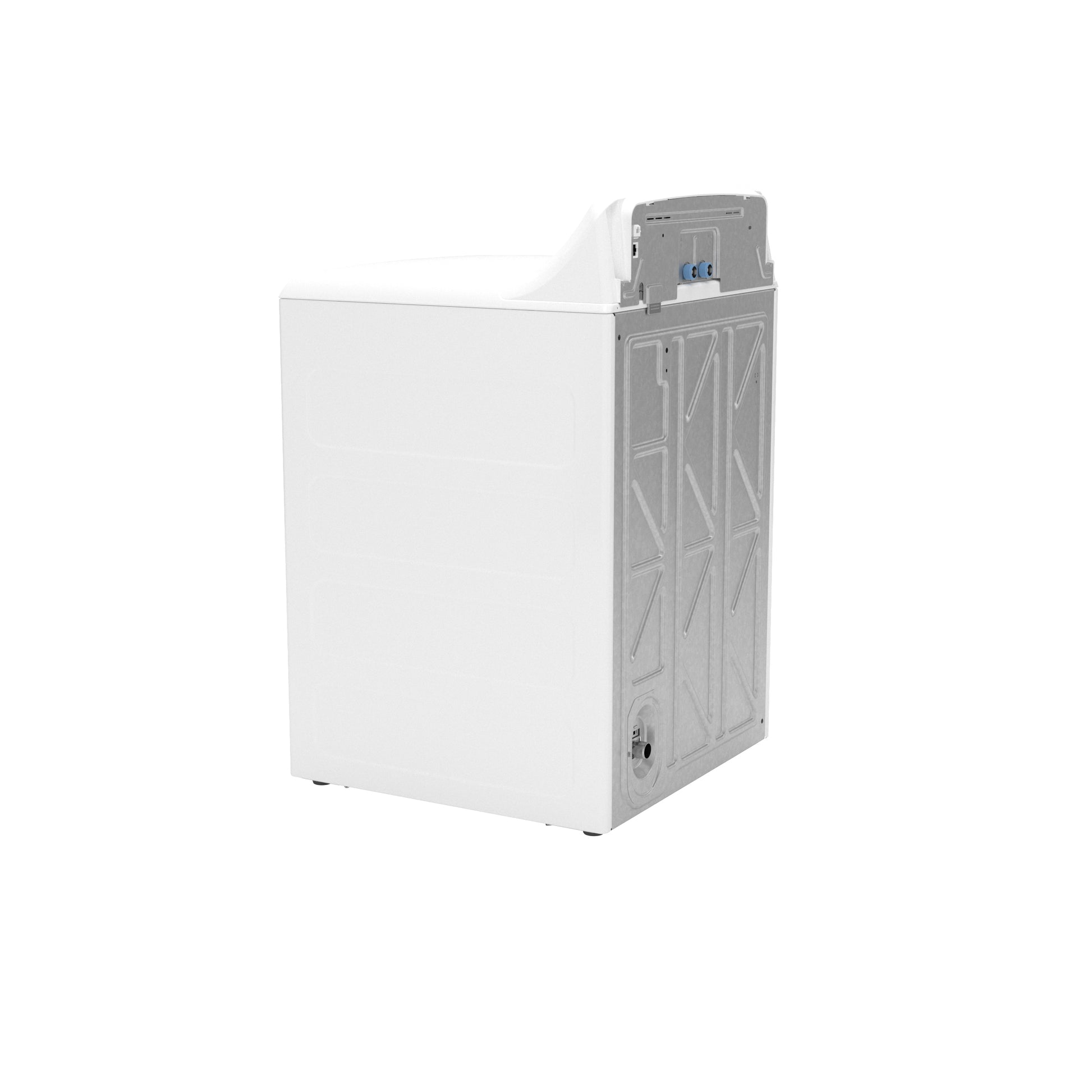 Rear view of white top load washer with metal panel and water inlet connections from washers and dryers collection