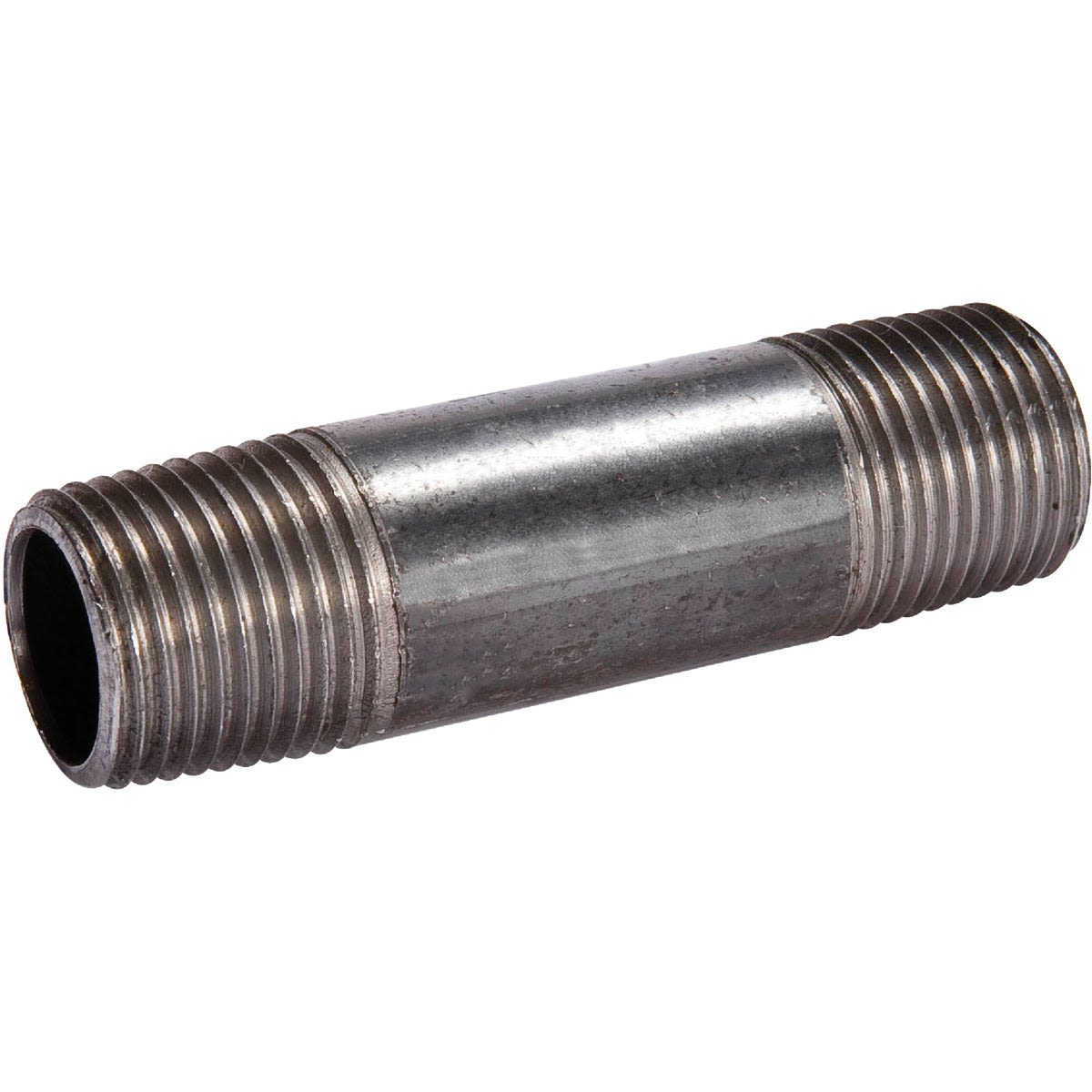 Black iron pipe nipple with threaded ends designed for plumbing in pipes and fittings and home improvement collections