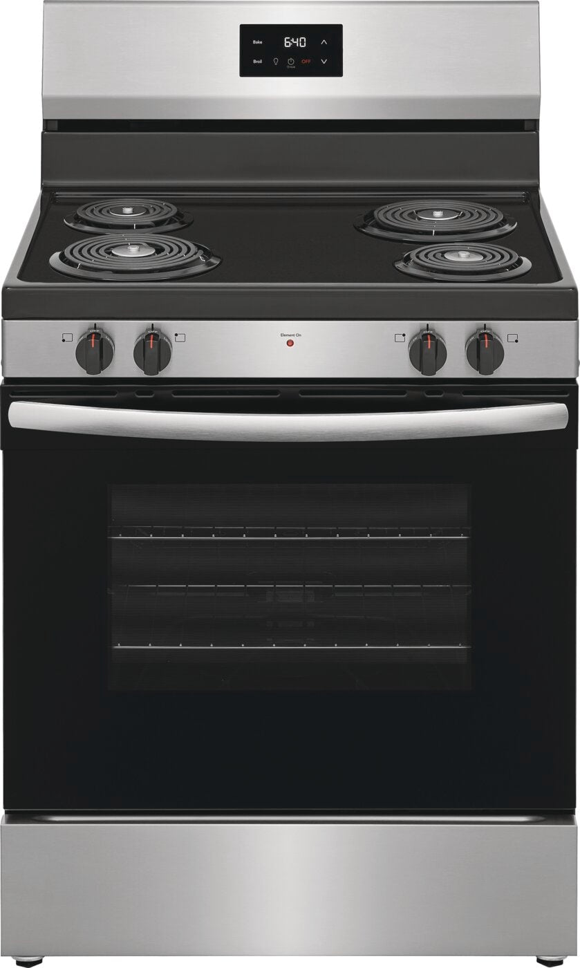 Freestanding electric range with coil cooktop and oven, stainless steel finish for kitchen and home improvement collections