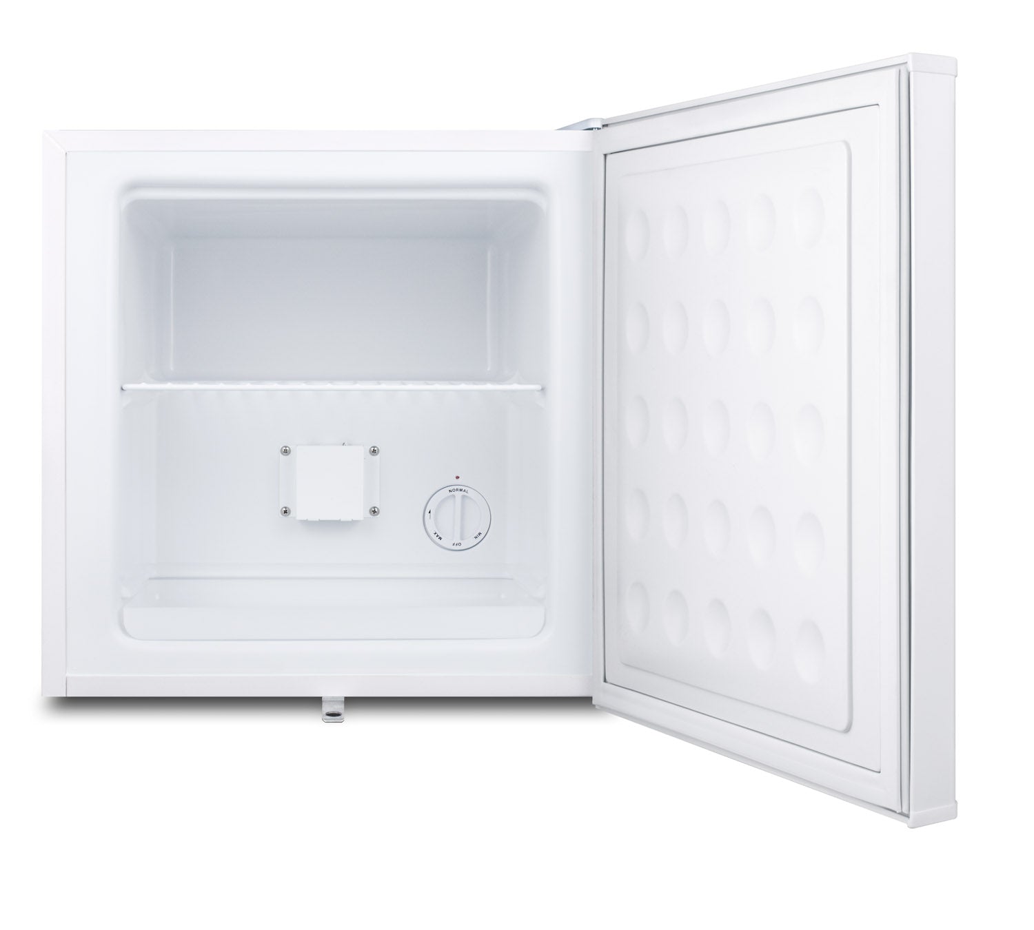 White compact all-freezer with open door showing empty interior and adjustable temperature control dial from freezers collection