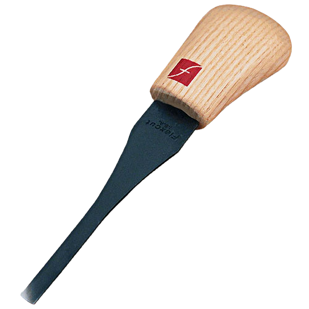 Wood-handled palm gouge tool with curved black steel blade for detailed woodworking and carving tasks
