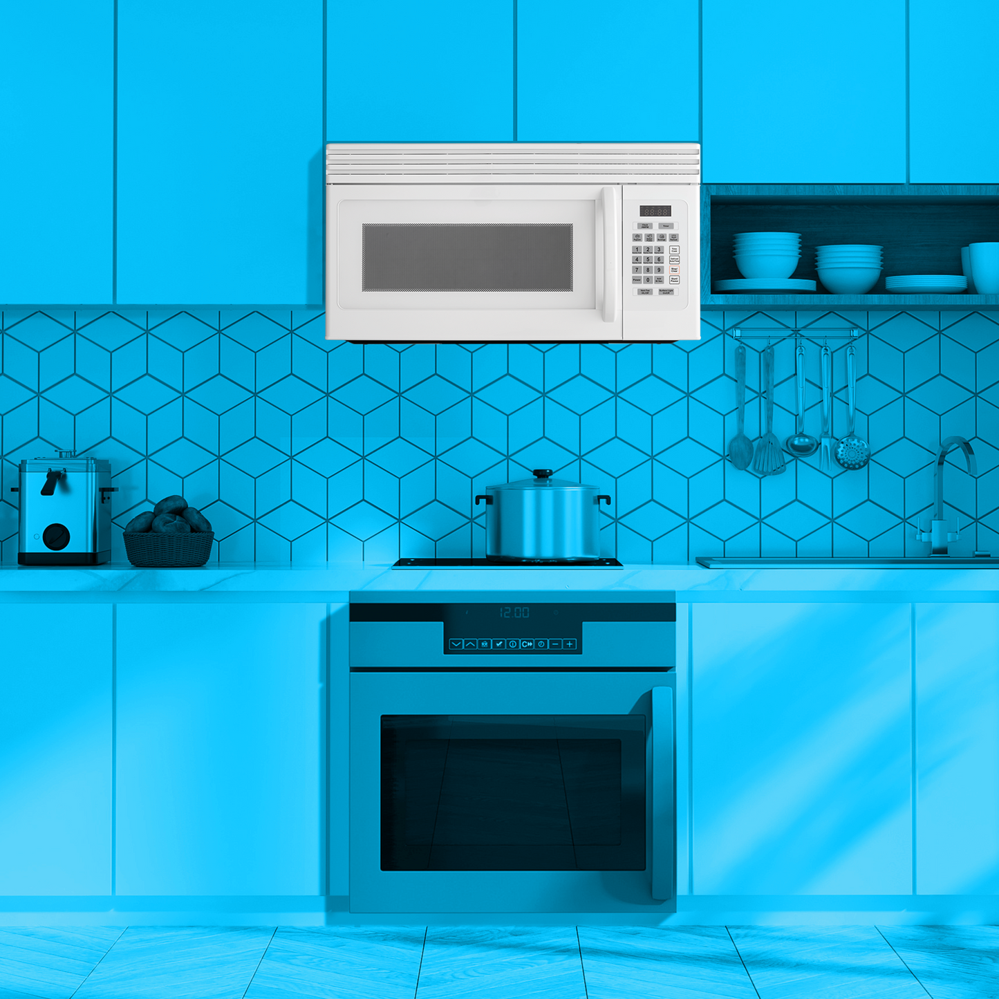 White over-the-range microwave with digital keypad and window in modern kitchen appliances collection