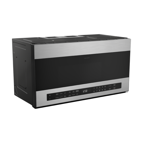Smart 30-inch over-the-range microwave oven in stainless steel and black glass, modern kitchen appliance design