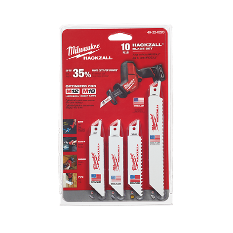 Pack of ten Milwaukee reciprocating saw blades for cutting metal, wood, and PVC in tools and home improvement projects