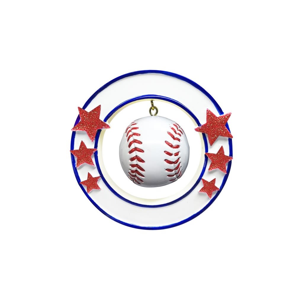 3D baseball ornament with red stitching suspended inside concentric blue rings decorated with red glitter stars for Christmas decor under $50 collection