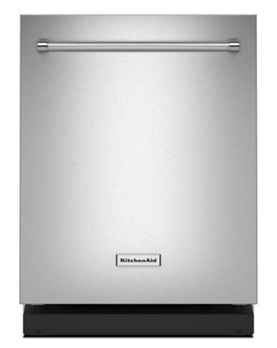 Front view of stainless steel dishwasher with horizontal handle and KitchenAid logo from Appliances collection
