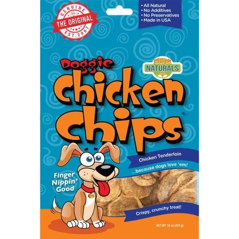 Bright blue package of chicken chips dog treats featuring cartoon dog and product details over orange background