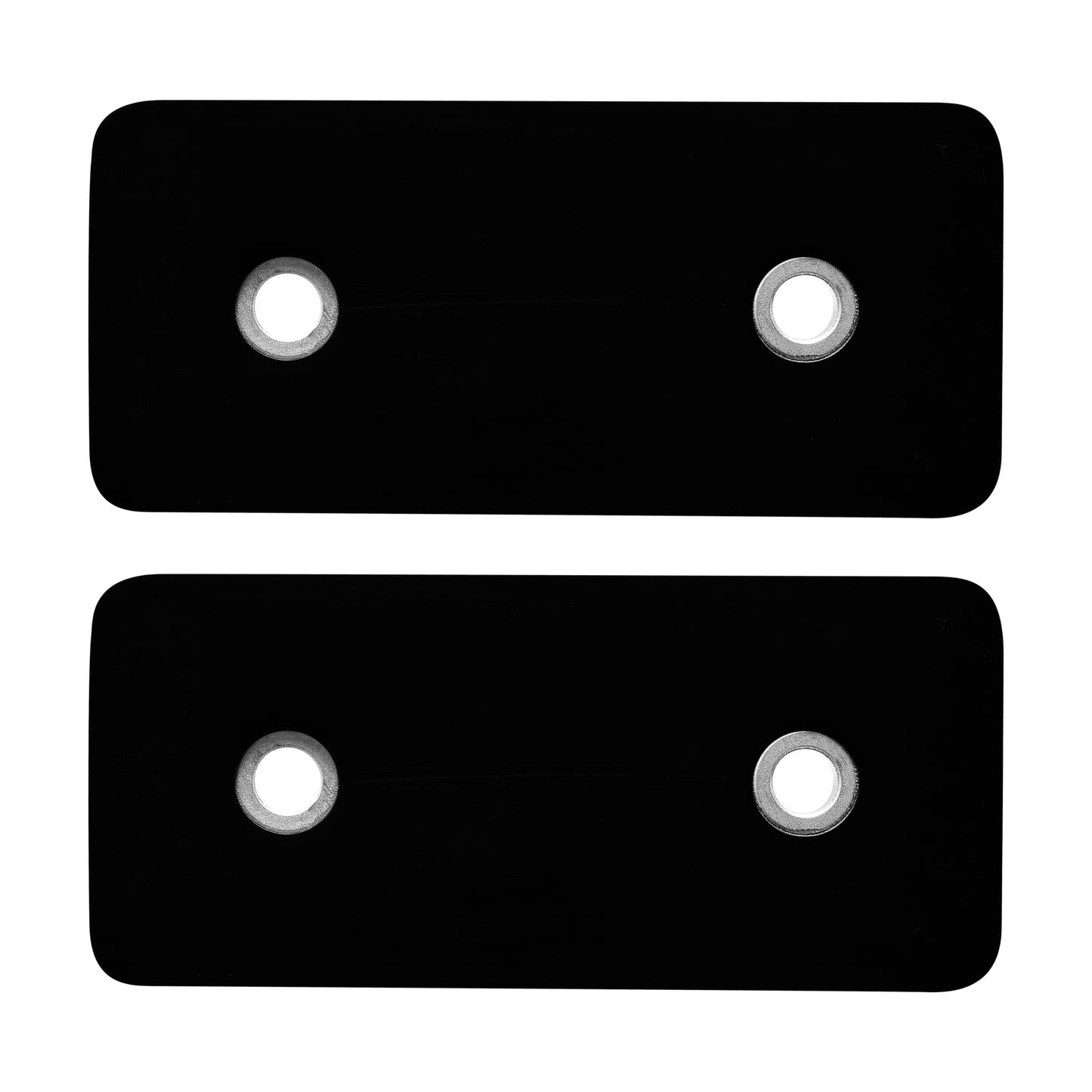 Pair of black rectangular snow blower paddles with metal-reinforced mounting holes for power tool replacement accessories
