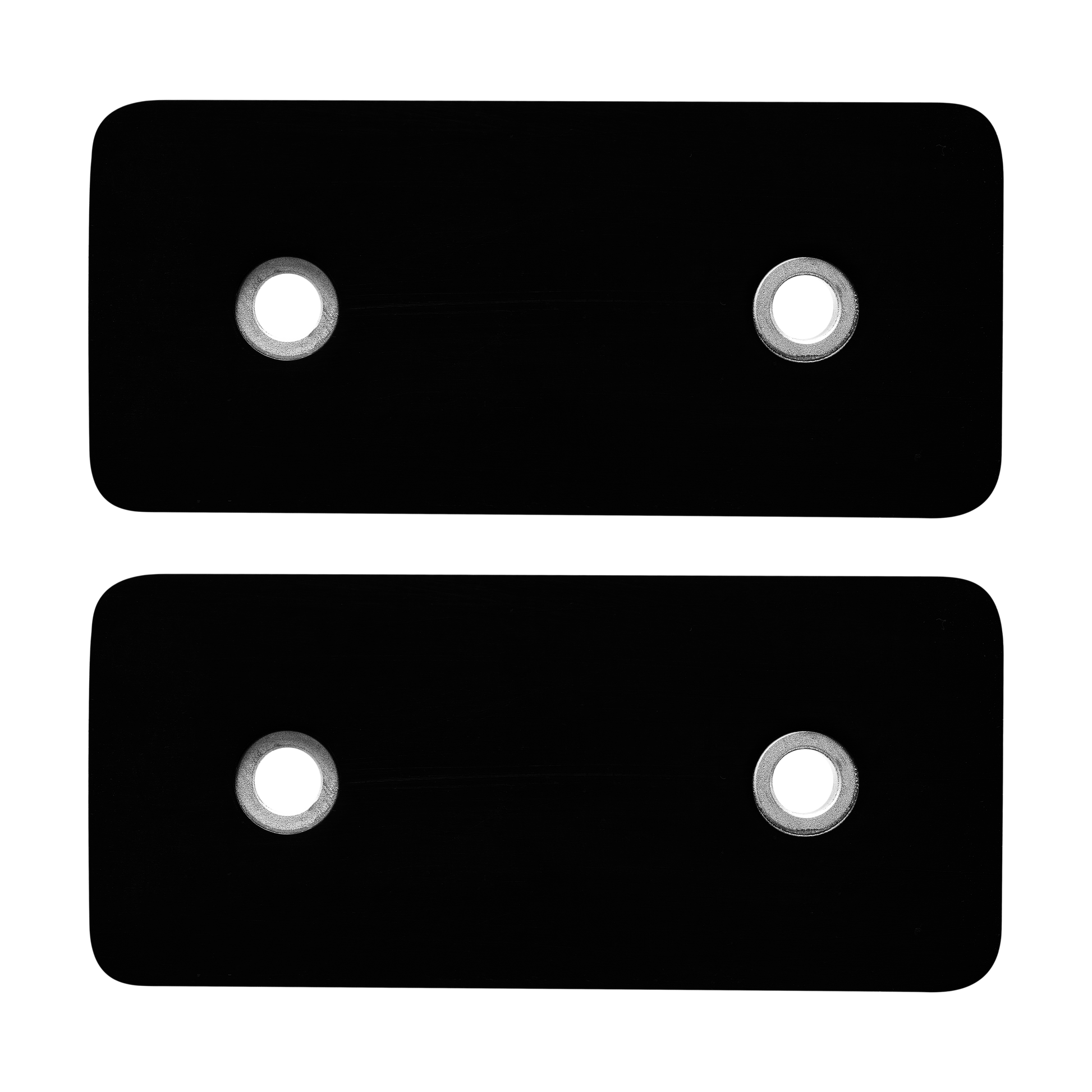 Pair of black rectangular snow blower paddles with metal-reinforced mounting holes for power tool replacement accessories