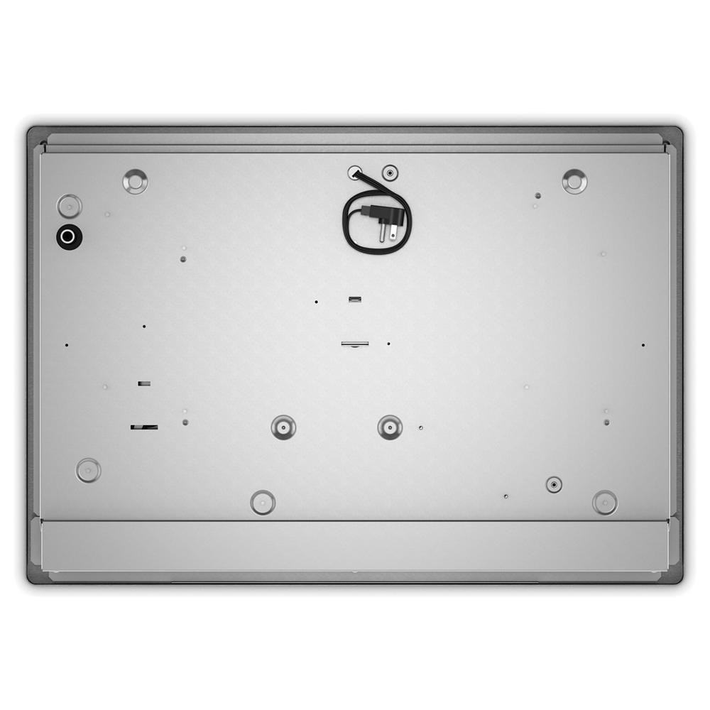 Top view of the underside of a stainless steel cooktop with electrical cord and mounting points, part of Cooktops, Kitchen & Kitchenware, KitchenAid, Appliances, and Home Improvement collections.
