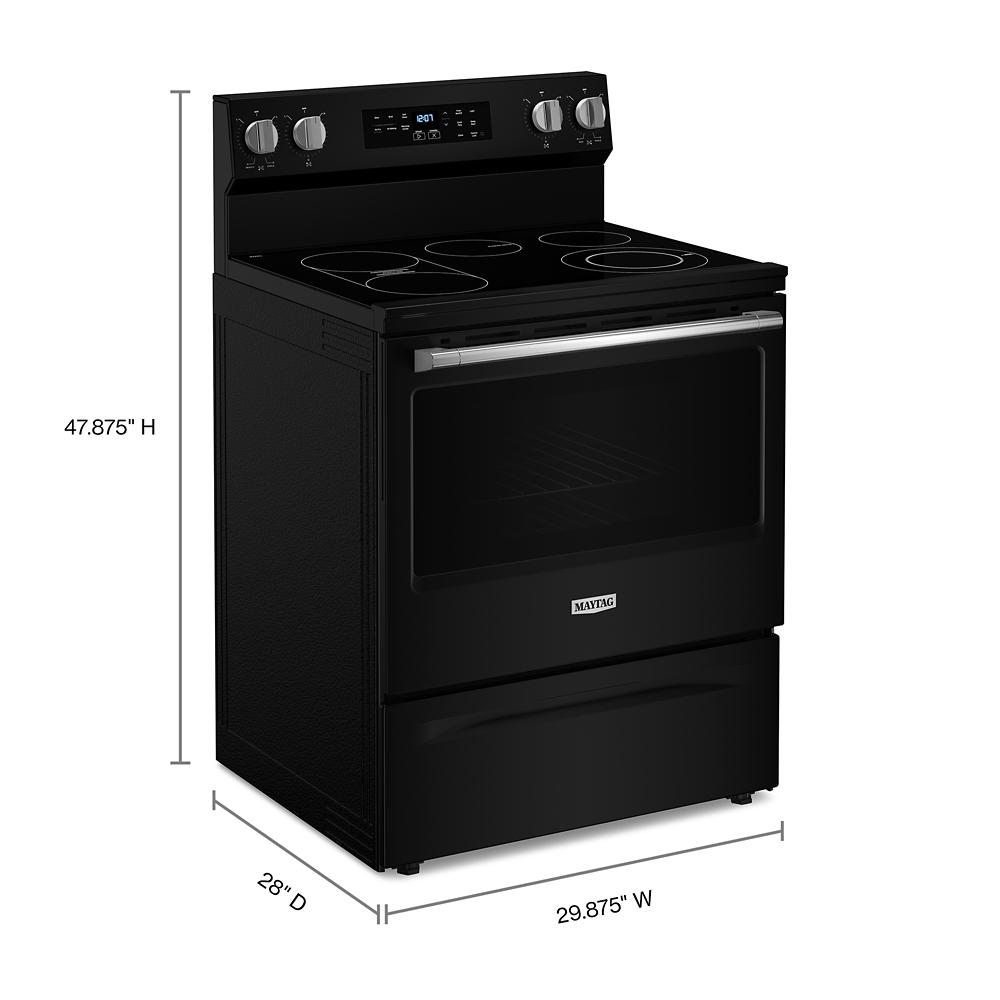 Black electric range with smooth cooktop, dual control knobs, digital display, and large oven cavity for kitchen use.