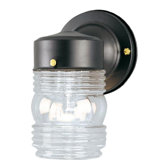 Matte black steel wall light fixture with clear ribbed glass for outdoor lighting and home improvement projects