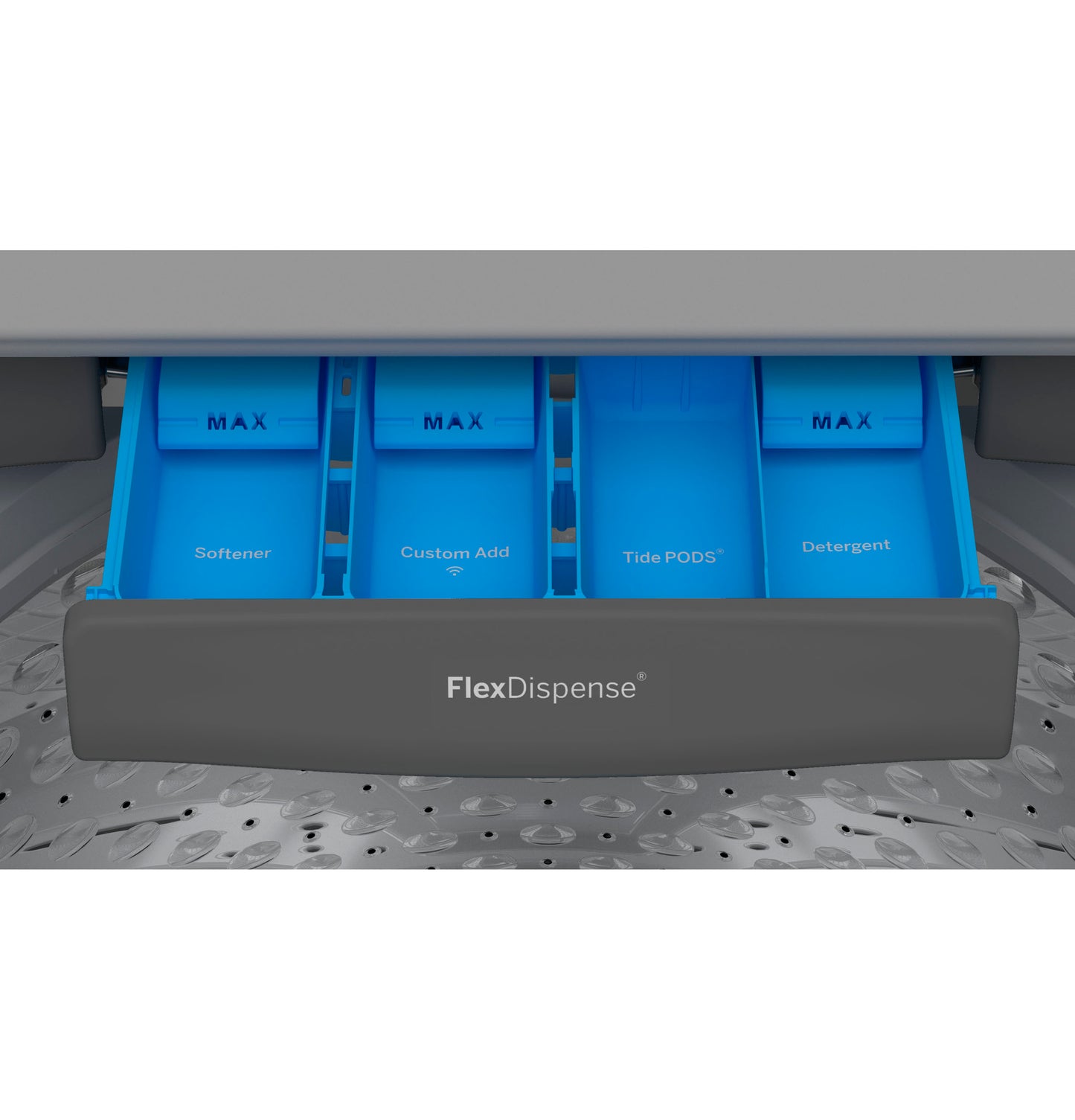 Close-up of blue FlexDispense™ drawer compartments labeled Softener, Custom Add, Tide PODS, and Detergent in a top load washer interior.