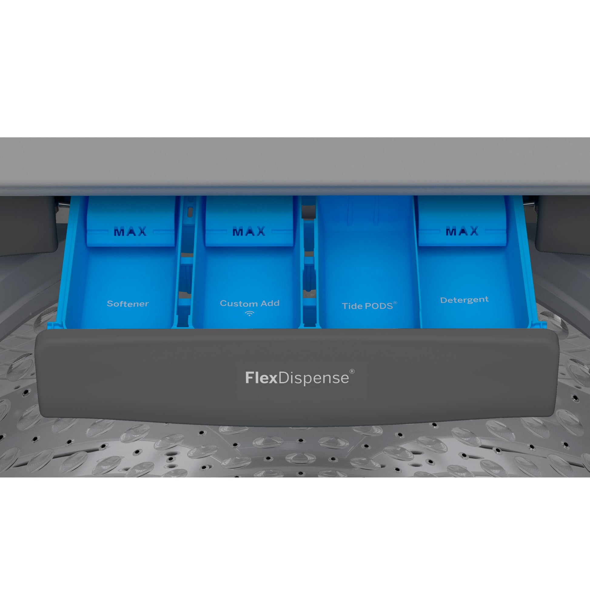 Close-up of blue FlexDispense™ drawer compartments labeled Softener, Custom Add, Tide PODS, and Detergent in a top load washer interior.