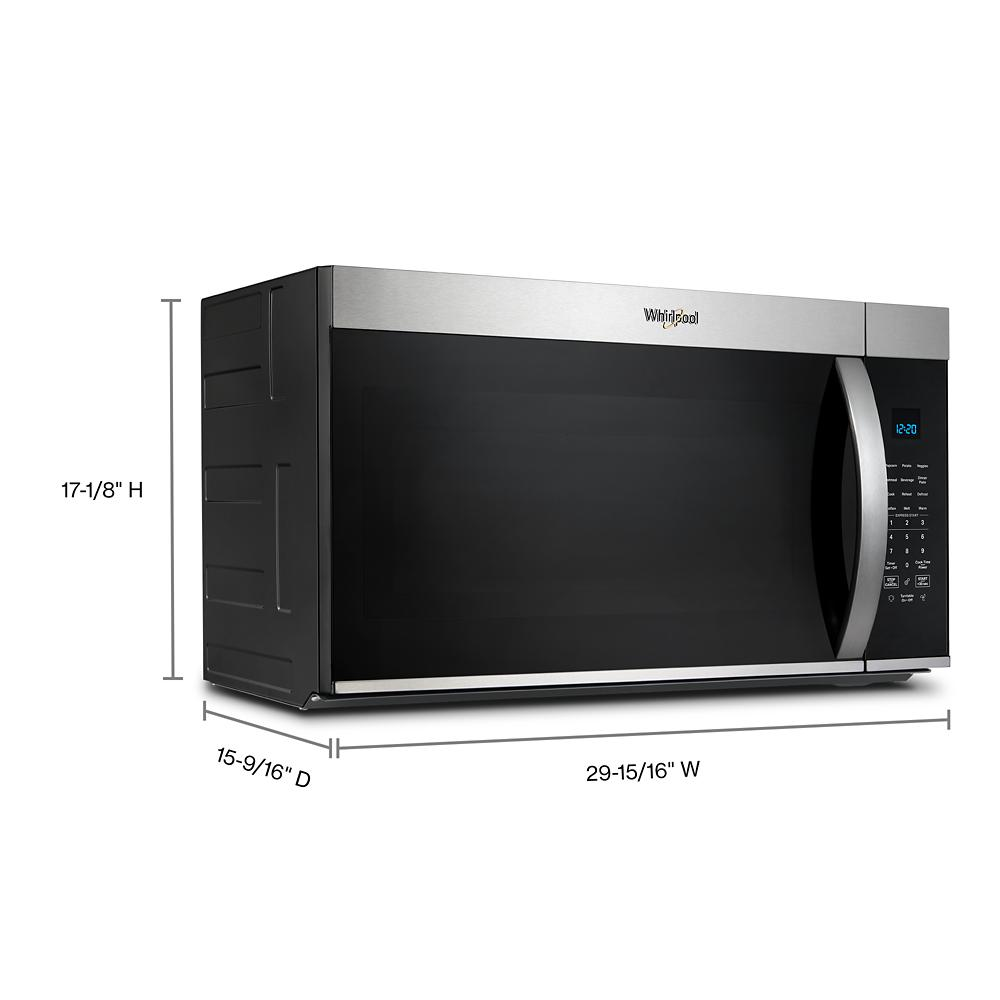 30-inch wide stainless steel and black microwave with curved handle and digital control panel in kitchen appliances collection