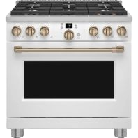Commercial-style white gas range with six brass knobs and a spacious oven, suited for kitchen and home improvement.