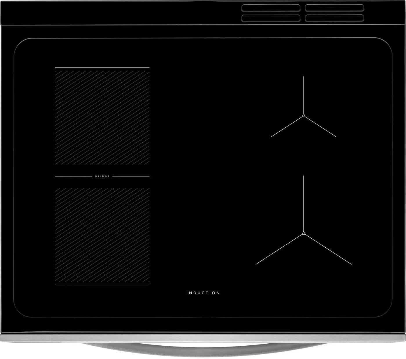 Top view of black induction cooktop with four cooking zones and minimalist control markings