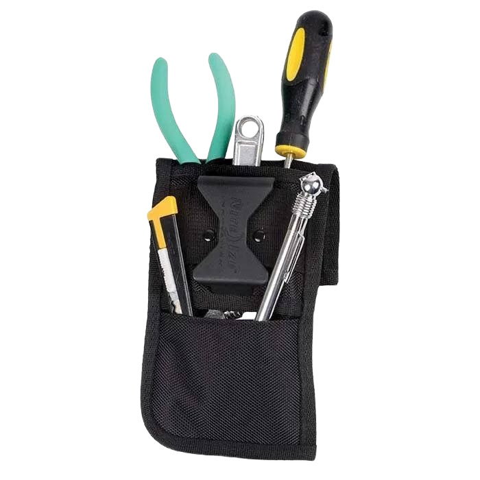 Black utility holster with clip holding screwdriver, pliers, utility knife, and other small hand tools for home improvement tasks