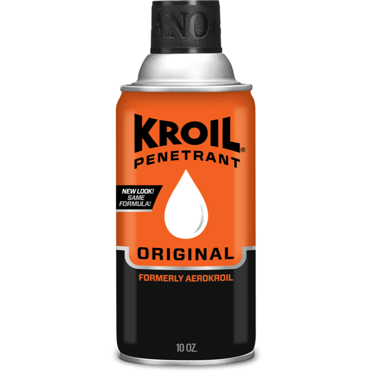 Orange and black aerosol can of Kroil Original Penetrant for loosening frozen metal parts in automotive and lubricant supplies collections