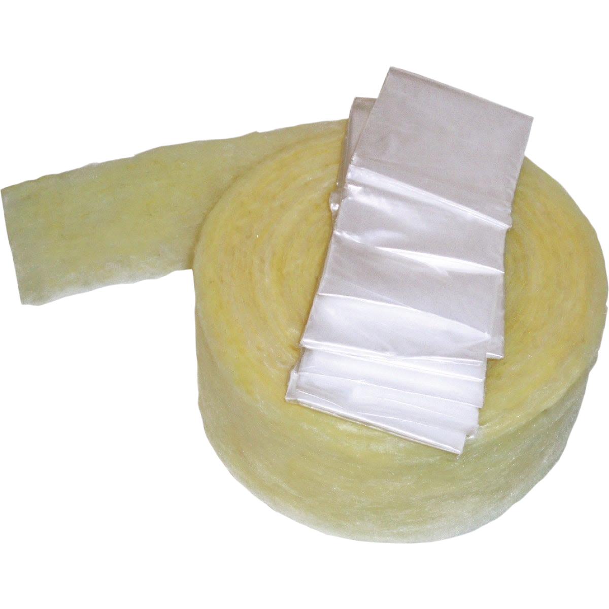 Roll of yellow fiberglass pipe insulation with attached vapor barrier for plumbing and home improvement projects under $50 category