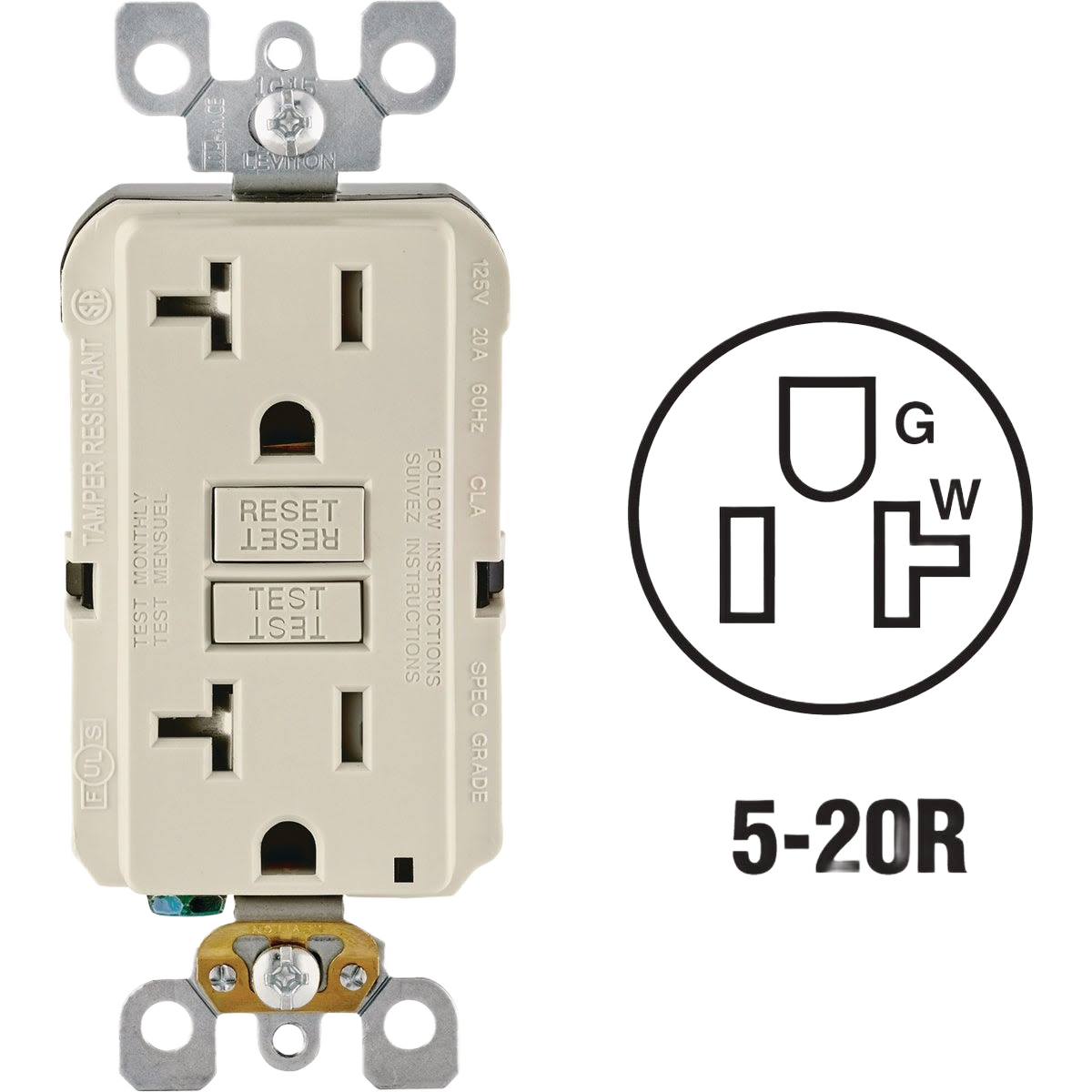 Light almond commercial grade GFCI outlet with test and reset buttons for home improvement electrical safety tasks