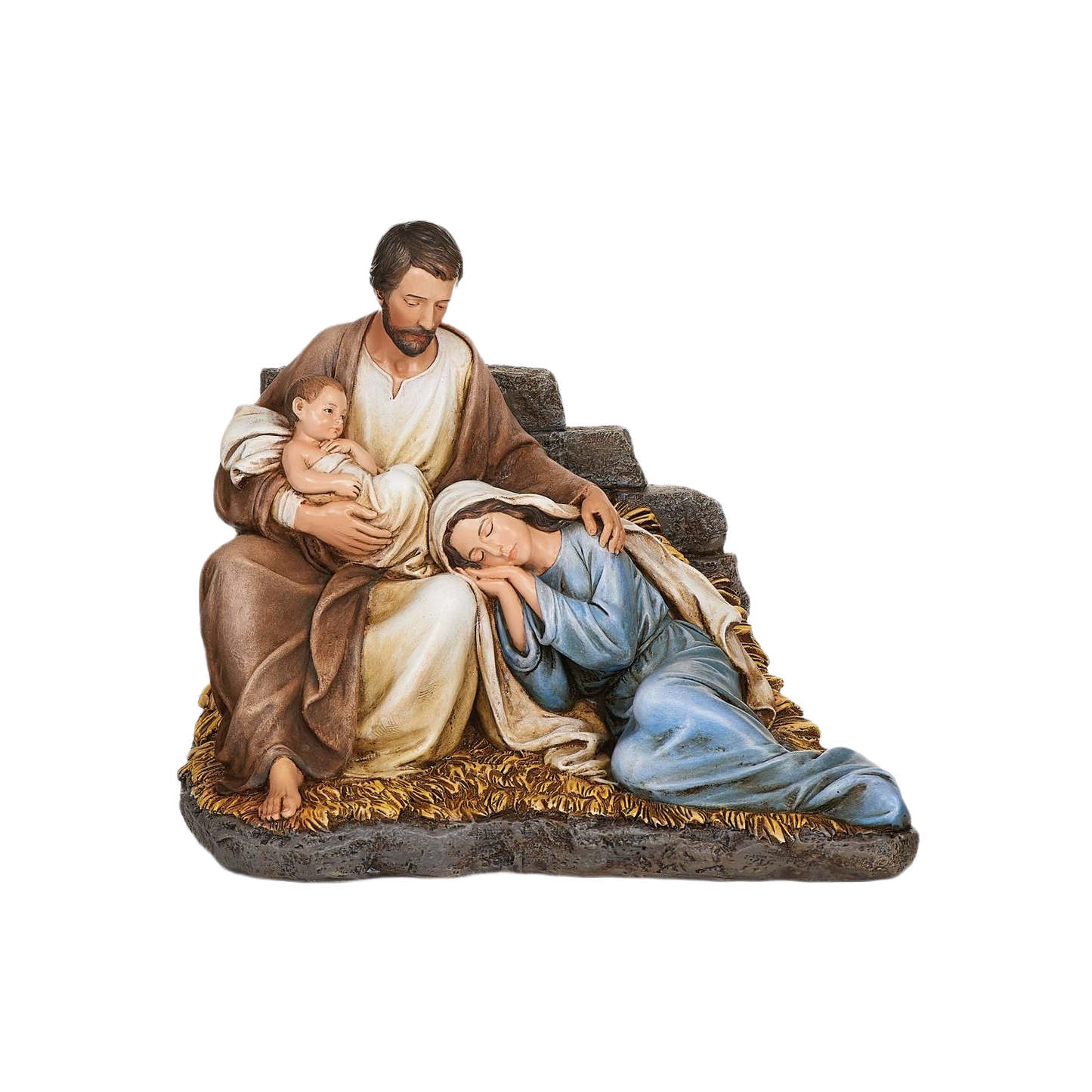 Hand-painted nativity figurine with Joseph holding baby Jesus and Mary resting, Christmas Nativity Scenes decor.