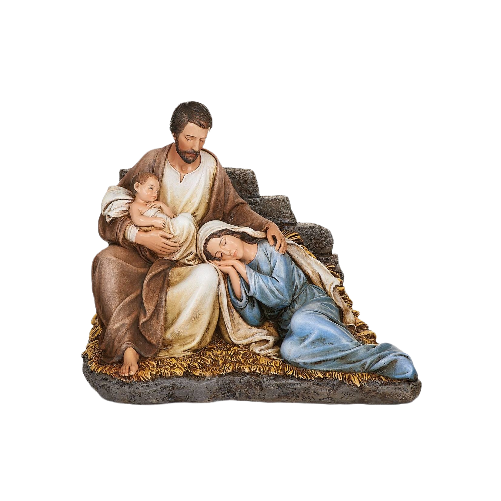 Hand-painted nativity figurine with Joseph holding baby Jesus and Mary resting, Christmas Nativity Scenes decor.