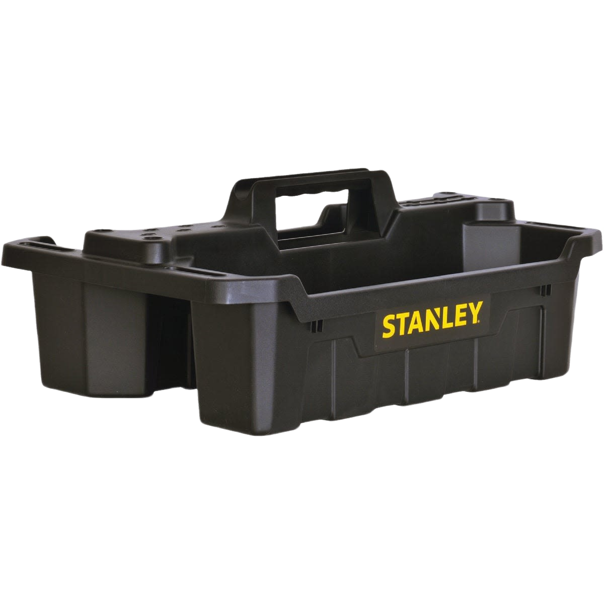 Black plastic tool tote with central handle and compartments for organizing tools in workshop storage collection
