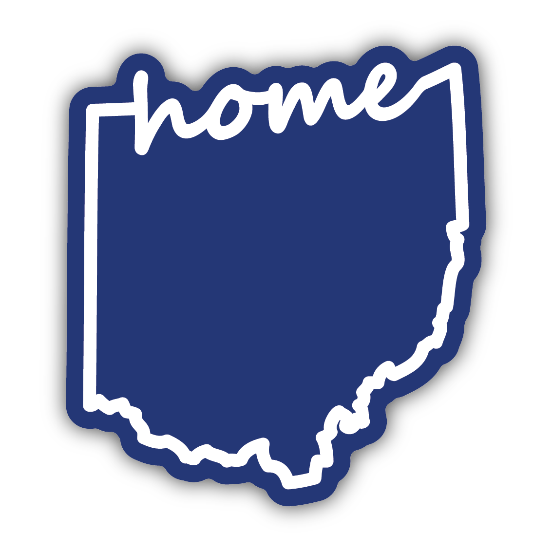 Blue Ohio-shaped sticker with white script "home" outline for dorm organization and kitchenware collections under $25