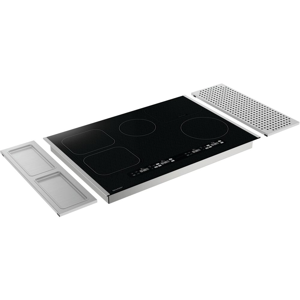 Black induction cooktop with four cooking zones and touch controls in home improvement and kitchen appliances collections