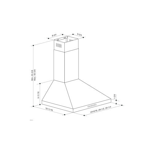 Line drawing showing dimensions and measurements for a pyramidal chimney range hood for kitchen installation.