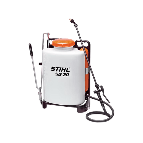 White STIHL manual backpack sprayer with orange lid and black hose for lawn care and plant care tasks under $50