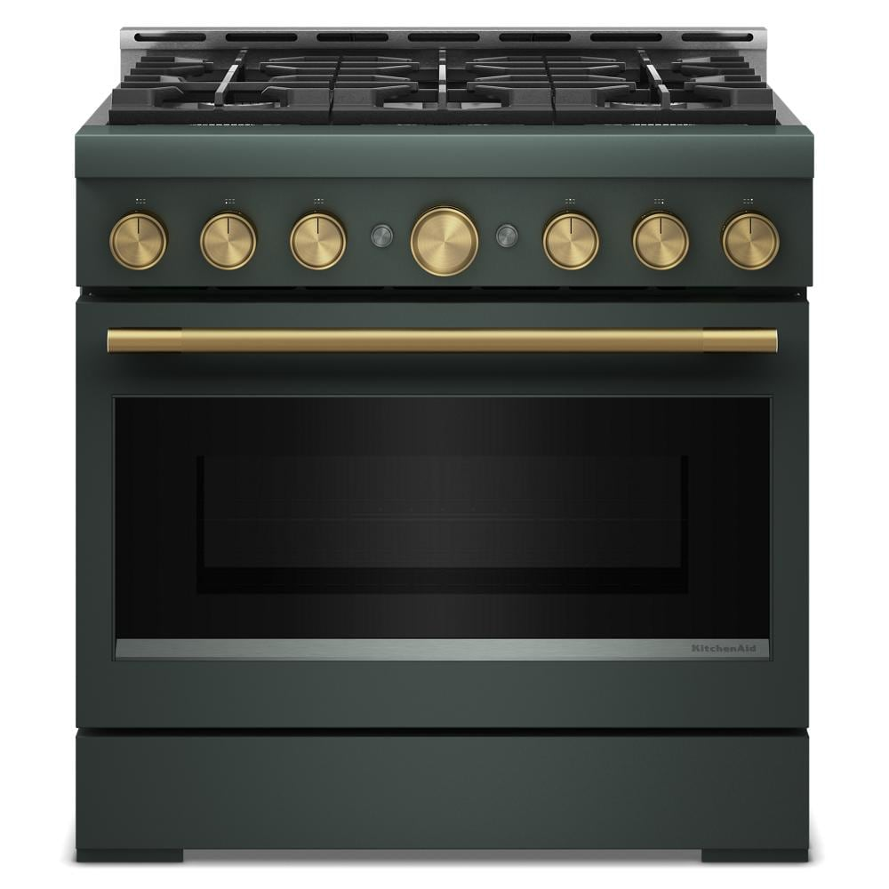 Front view of dark green 36-inch commercial-style gas range with six burners and brass knobs from KitchenAid collection