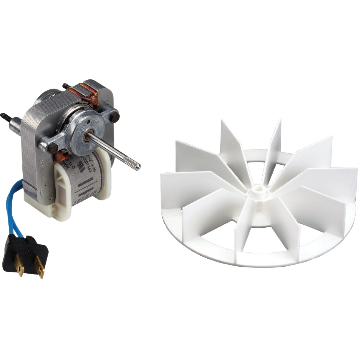 Replacement motor and white plastic wheel fan blade designed for bath exhaust ventilation in home improvement projects