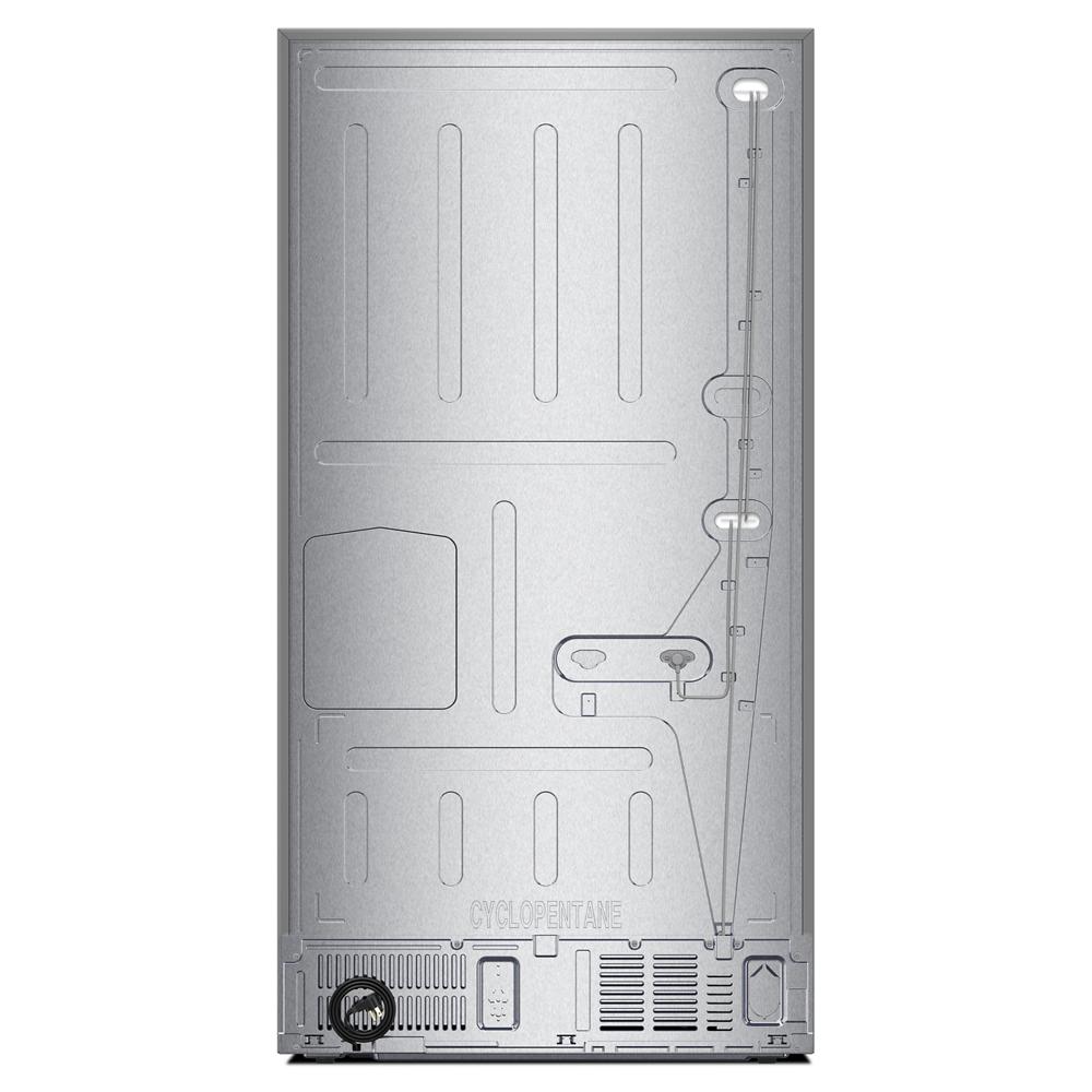 Rear view of 36-inch stainless steel French door refrigerator with ventilation and utility connections from appliances collection