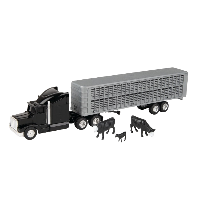 Black and gray livestock trailer model with three miniature animals included for farm play sets