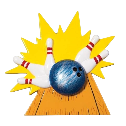 Bowling ball striking pins with yellow burst background, playful Christmas ornament under $50 decoration
