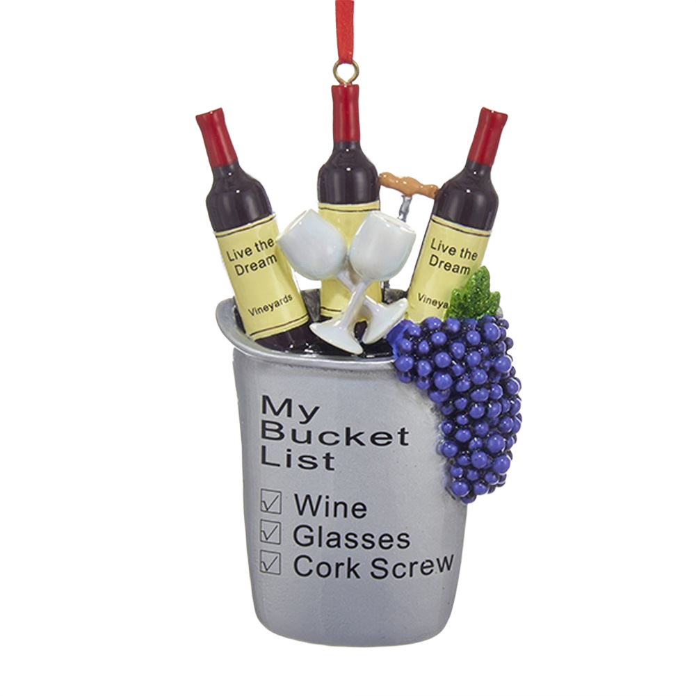 Ornament featuring bucket with three wine bottles, two glasses, corkscrew, and bunch of grapes for Christmas decor collections