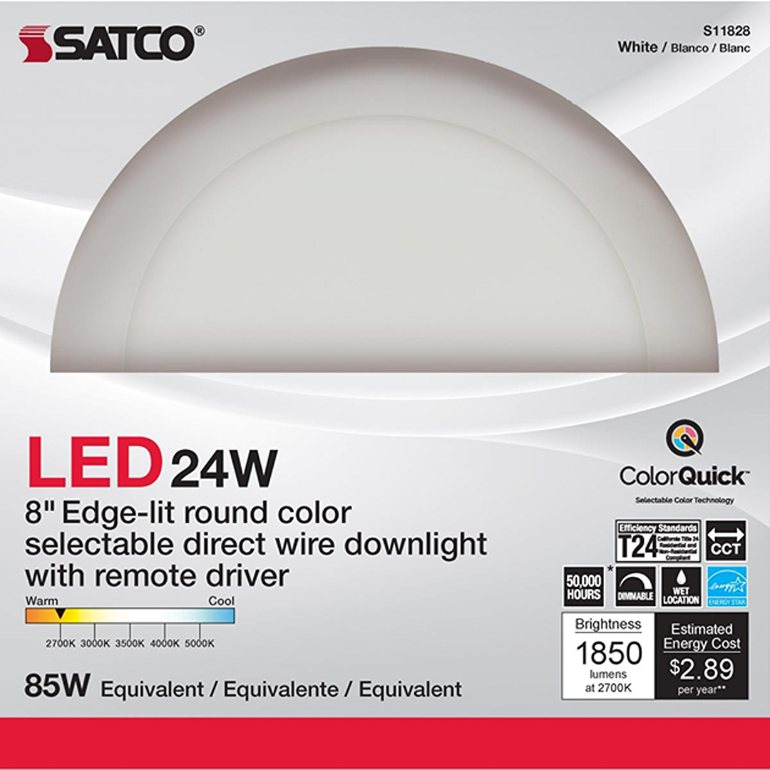 White 8-inch edge-lit LED downlight with remote driver for efficient lighting in electrical and lighting collections under $100