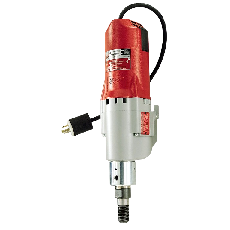 Red and silver Milwaukee diamond coring motor with power cord and metal housing, part of rotary and electric power tools rental at Hartville Hardware for home improvement.