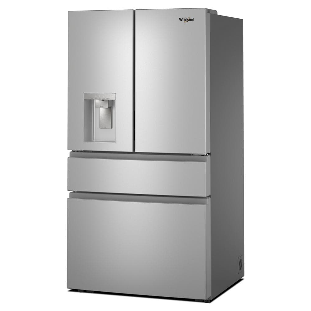 Stainless steel French door refrigerator with in-door water dispenser and flexible temperature drawer in kitchen appliances collection